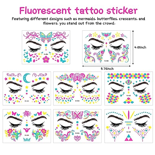 MAYCREATE 8-Sheet UV Neon Face Tattoo Sticker Temporary Tattoos, Glow in the Dark Face Tattoos, Butterfly Mermaid Fluorescence Fake Tattoo Stickers for Halloween Rave Festival Party Supplies MAYCREATE 8-Sheet UV Neon Face Tattoo Sticker Temporary Tattoos, Glow in the Dark Face Tattoos, Butterfly Mermaid Fluorescence Fake Tattoo Stickers for Halloween Rave Festival Party Supplies